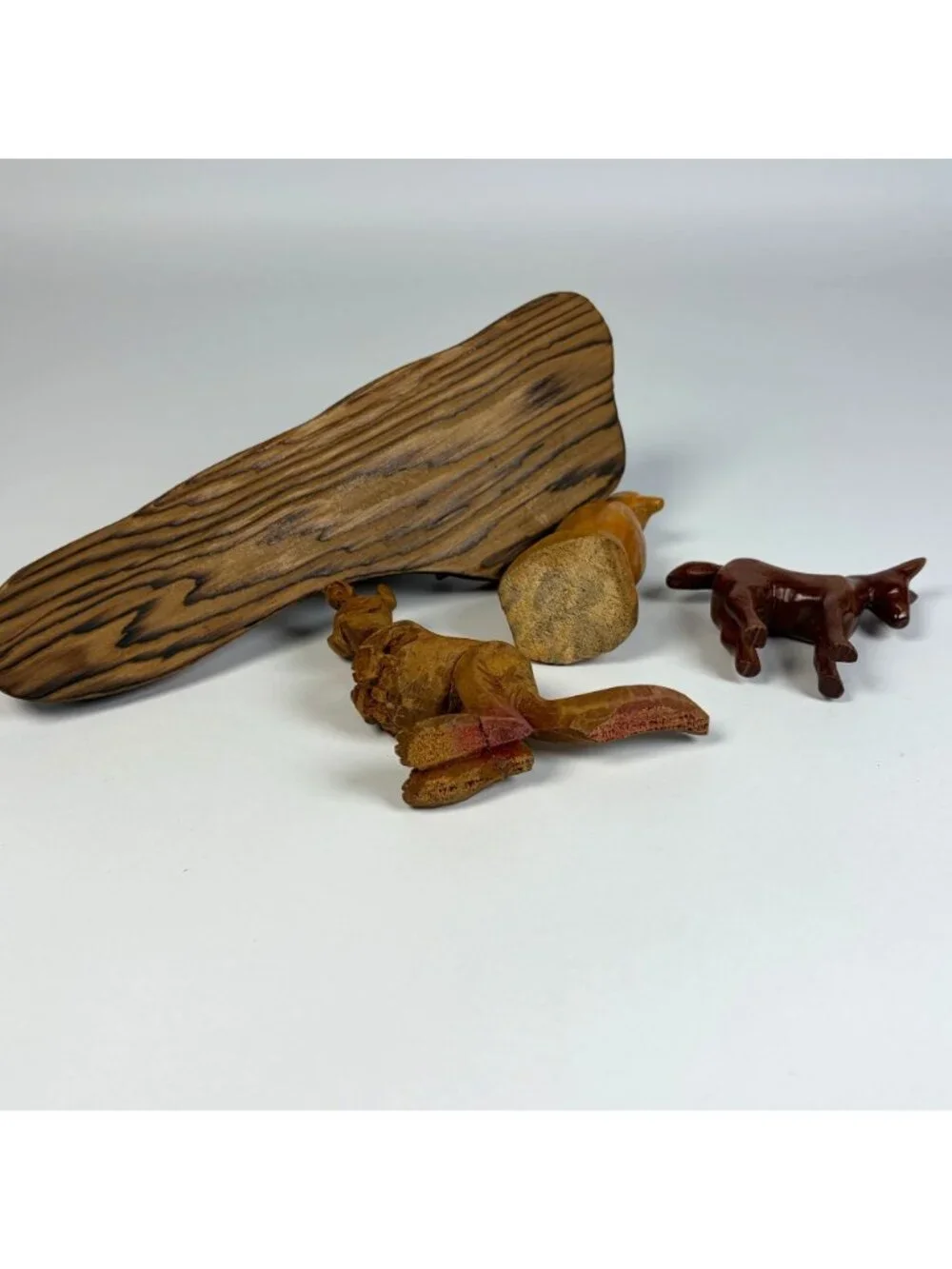 Lot of 4 Hand Carved Wooden Animal Figurines Beaver Horse Kangaroo Bird Rustic